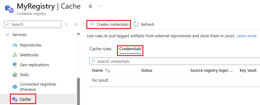 Captura de pantalla de los pasos para empezar a agregar credenciales para un registro de contenedor en Azure Portal.