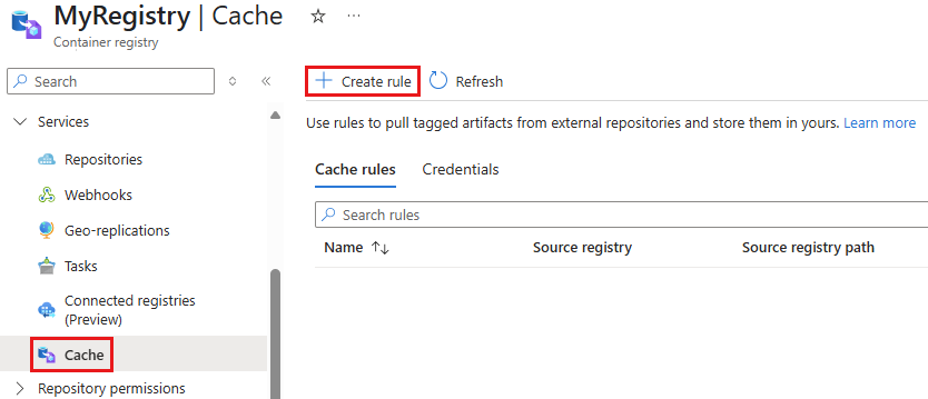 Captura de pantalla que muestra el comando Crear regla para un registro de contenedor en Azure Portal.