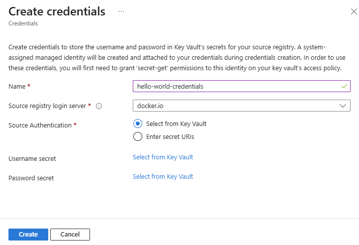 Captura de pantalla que muestra los detalles especificados para crear credenciales para un registro de contenedor en Azure Portal.