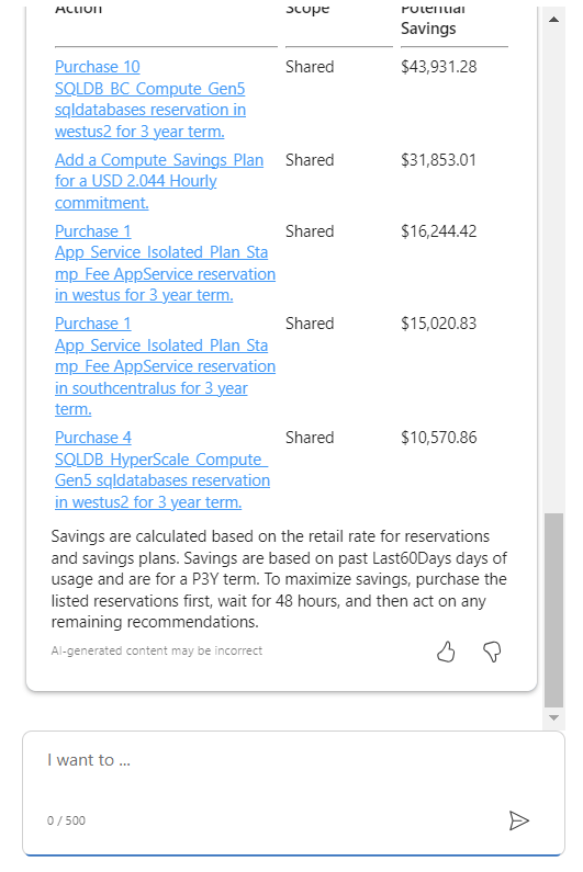 Captura de pantalla que muestra Microsoft Copilot en Azure continuando una lista de recomendaciones para reducir los costes.