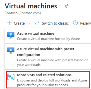 Captura de pantalla de la opción Más máquinas virtuales y soluciones relacionadas de la página Máquinas virtuales de Azure Portal.