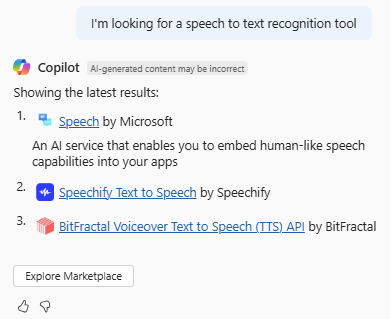 Captura de pantalla de Azure Copilot que proporciona opciones para herramientas de reconocimiento de voz a texto en Azure Marketplace.