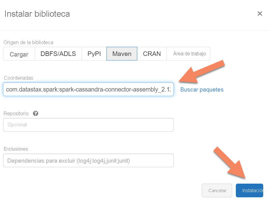 Captura de pantalla que muestra la búsqueda de paquetes Maven en Azure Databricks.