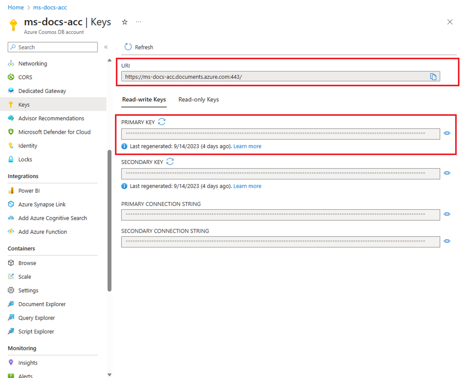 Captura de pantalla de la página Claves con varias credenciales para una cuenta de la API de SQL de Azure Cosmos DB.