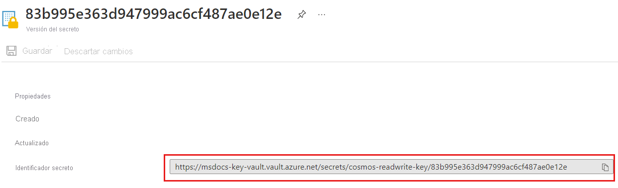Captura de pantalla de un identificador secreto de un secreto de Key Vault denominado cosmos-readwrite-key.