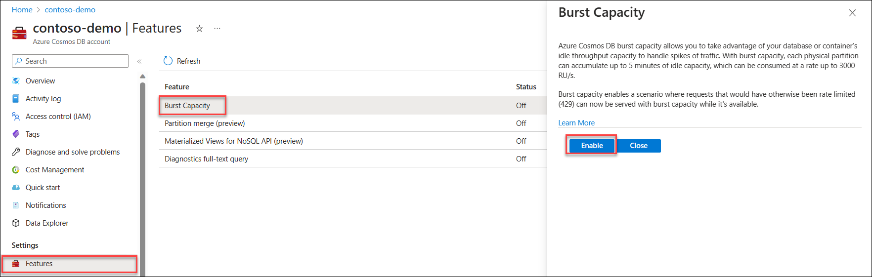 Captura de pantalla de la característica Capacidad de ráfaga en la página Características de una cuenta Azure Cosmos DB.