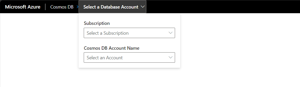 Screenshot of the 'Select a Database Account' menu in the Explorer.