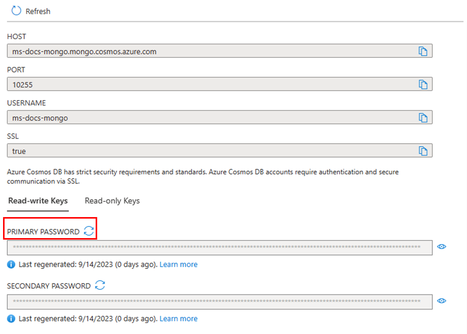 Screenshot showing how to regenerate the primary key in the Azure portal when used with MongoDB.