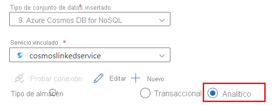 Captura de pantalla de la opción analítico seleccionada para un servicio vinculado.