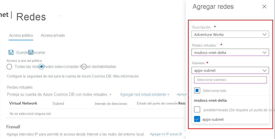 Captura de pantalla del cuadro de diálogo para seleccionar una red virtual y una subred de Azure existentes con un punto de conexión de servicio de Azure Cosmos DB