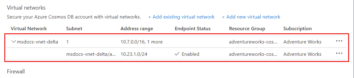 Captura de pantalla de una red virtual y subred de Azure existentes configuradas correctamente en la lista