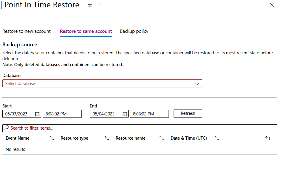 Captura de pantalla de las opciones de restauración de una base de datos o un contenedor en la misma cuenta.