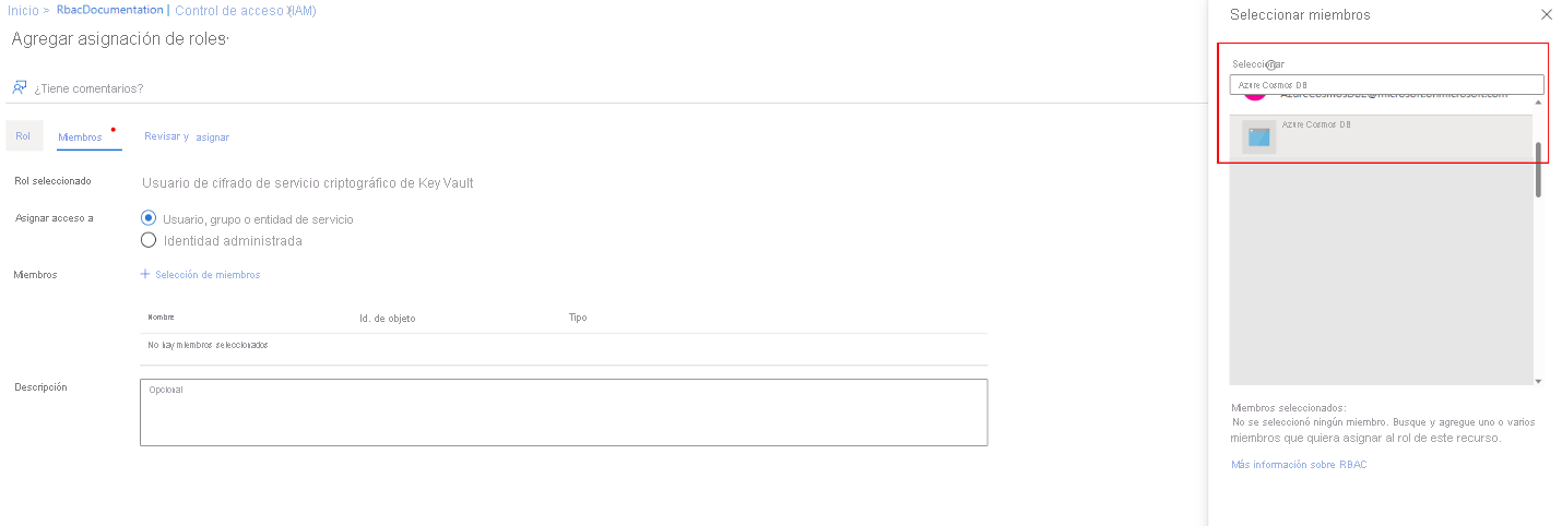 Captura de pantalla de la entidad de seguridad de Azure Cosmos DB que se asigna a un permiso