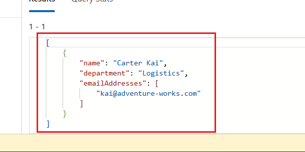 Captura de pantalla de los resultados de ejecución de la consulta NoSQL anterior en el Explorador de Datos.