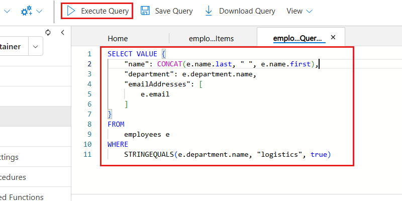 Captura de pantalla del texto de consulta NoSQL dentro del Explorador de Datos.