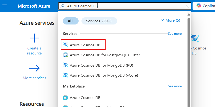 Captura de pantalla de la opción Azure Cosmos DB seleccionada en el menú de búsqueda.