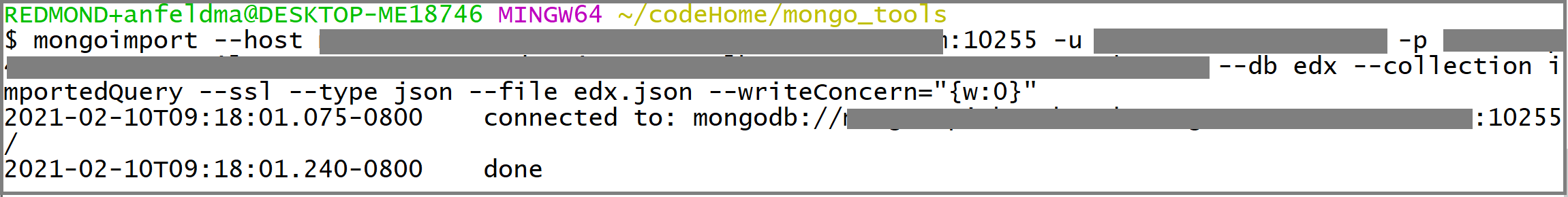 Captura de pantalla de una llamada a mongoimport.