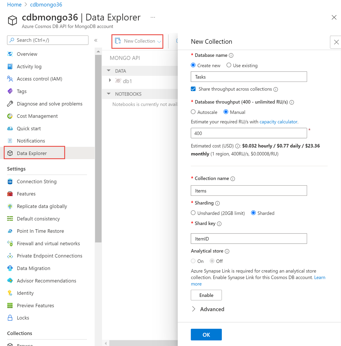 Captura de pantalla del Explorador de datos al crear una nueva recopilación con el rendimiento de nivel de base de datos