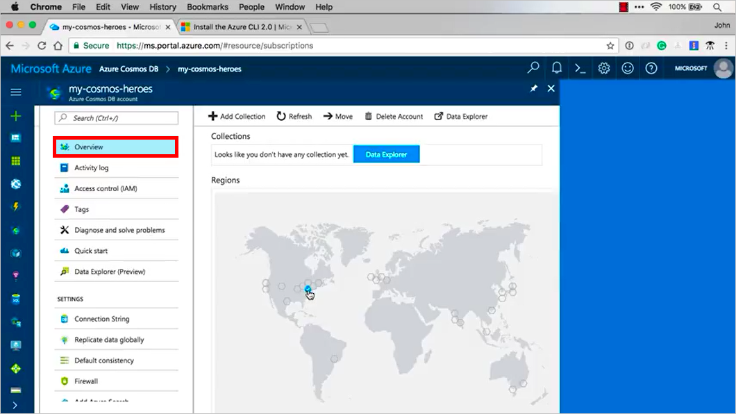 Captura de pantalla que muestra la información general de una cuenta de base de datos de Azure Cosmos DB.