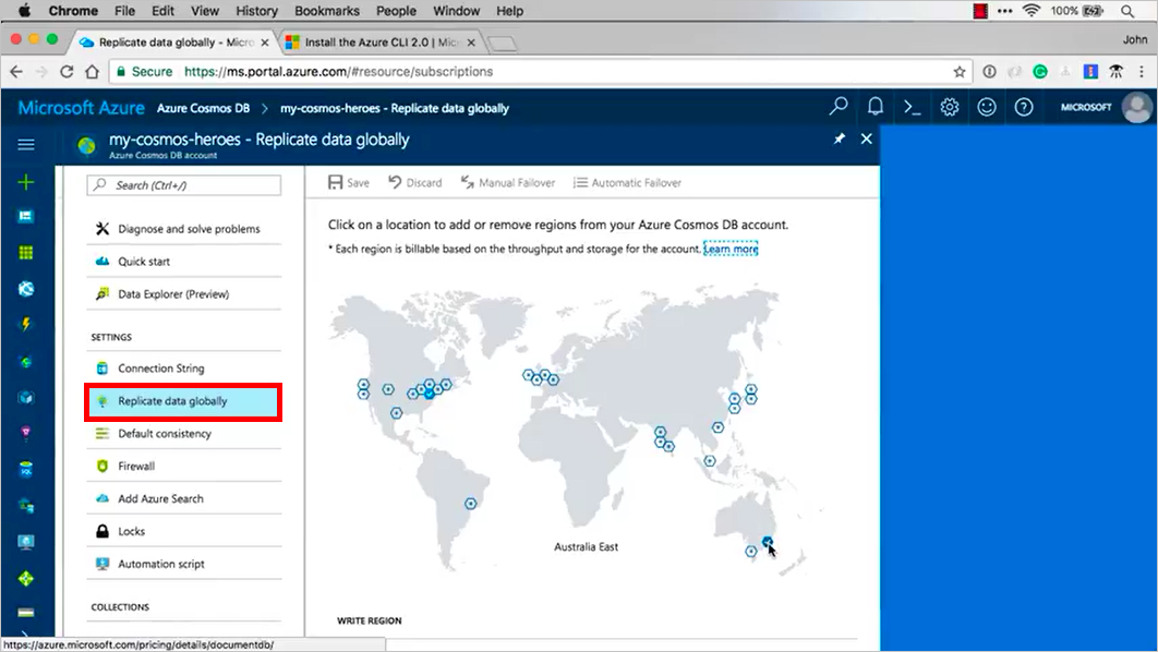 Captura de pantalla que muestra una cuenta de base de datos de Azure Cosmos DB con la opción Replicar datos globalmente seleccionada.