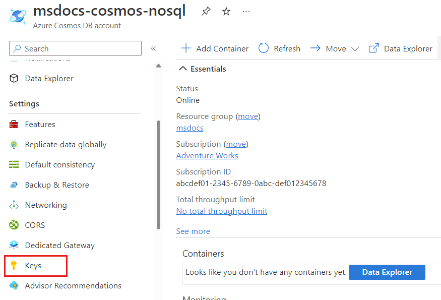 Captura de pantalla de una página de la cuenta de la API para NoSQL. La opción Claves está resaltada en el menú de navegación.
