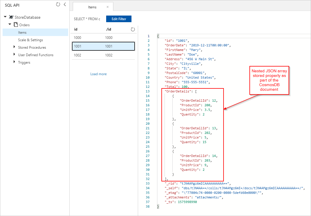 Captura de pantalla en la que se muestran los detalles del pedido como parte del documento de Azure Cosmos DB