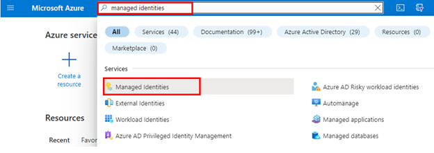 Captura de pantalla de identidades administradas en Azure Portal.