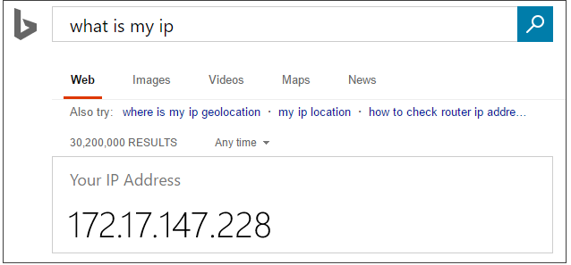Captura de pantalla de Bing search for What is my IP (¿Cuál es mi dirección IP?).