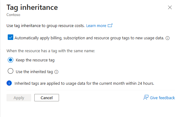 Screenshot showing the Automatically apply subscription and resource group tags to new data option for a billing profile.
