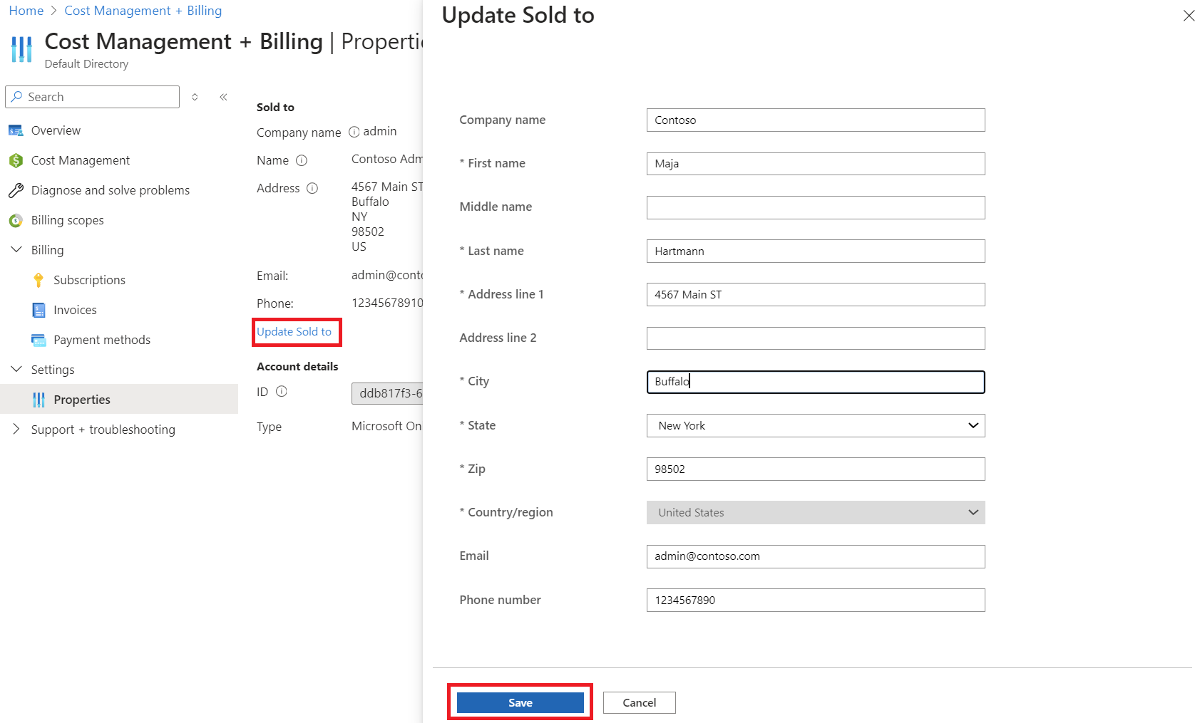 Captura de pantalla que muestra la dirección de actualización de la cuenta de facturación de MOSP.