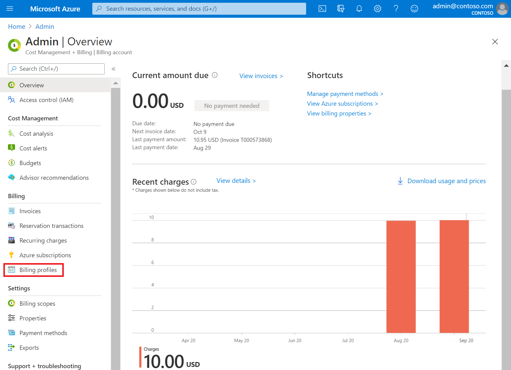 Captura de pantalla de ejemplo que muestra los perfiles de facturación en Azure Portal.