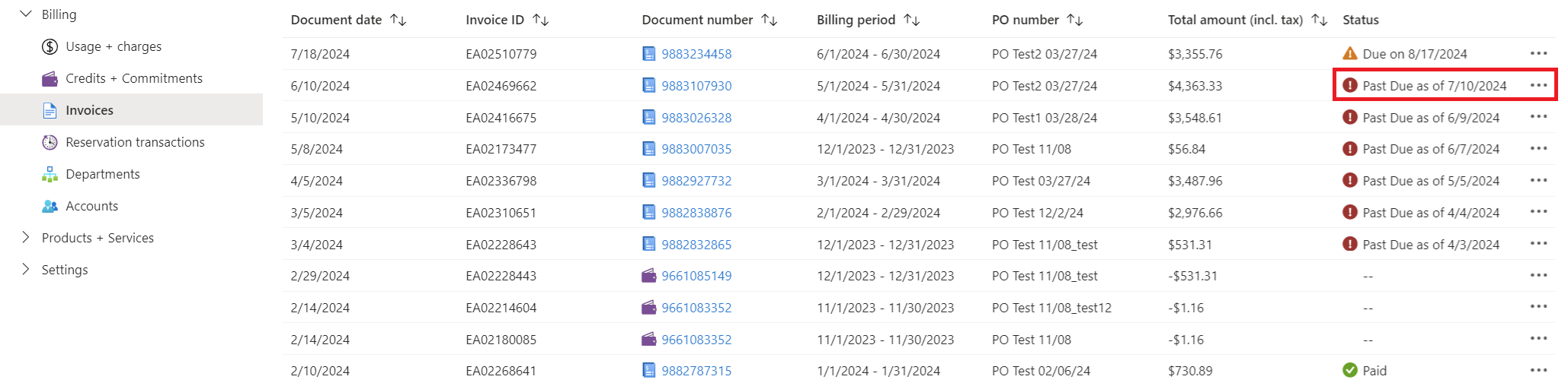 Captura de pantalla que muestra las facturas vencidas anteriores.