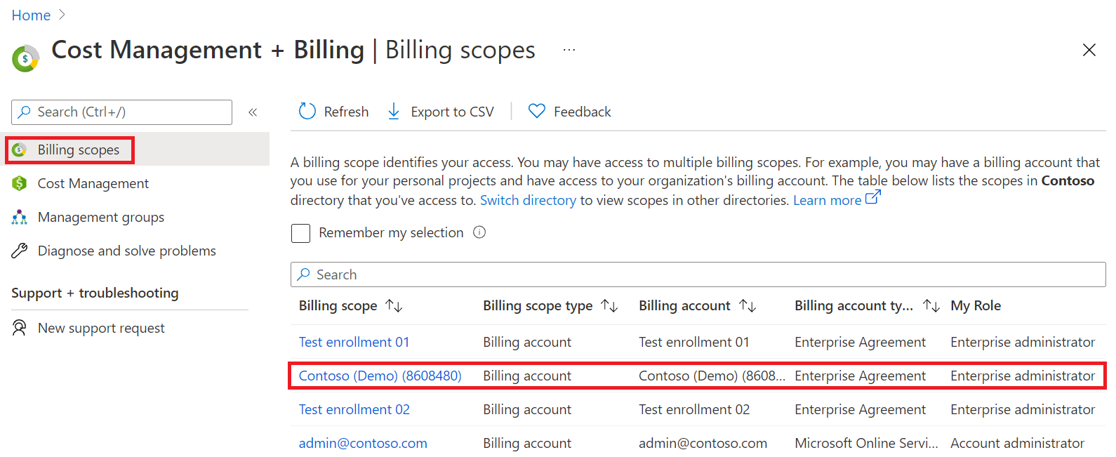 Captura de pantalla que muestra la selección de una cuenta de facturación.