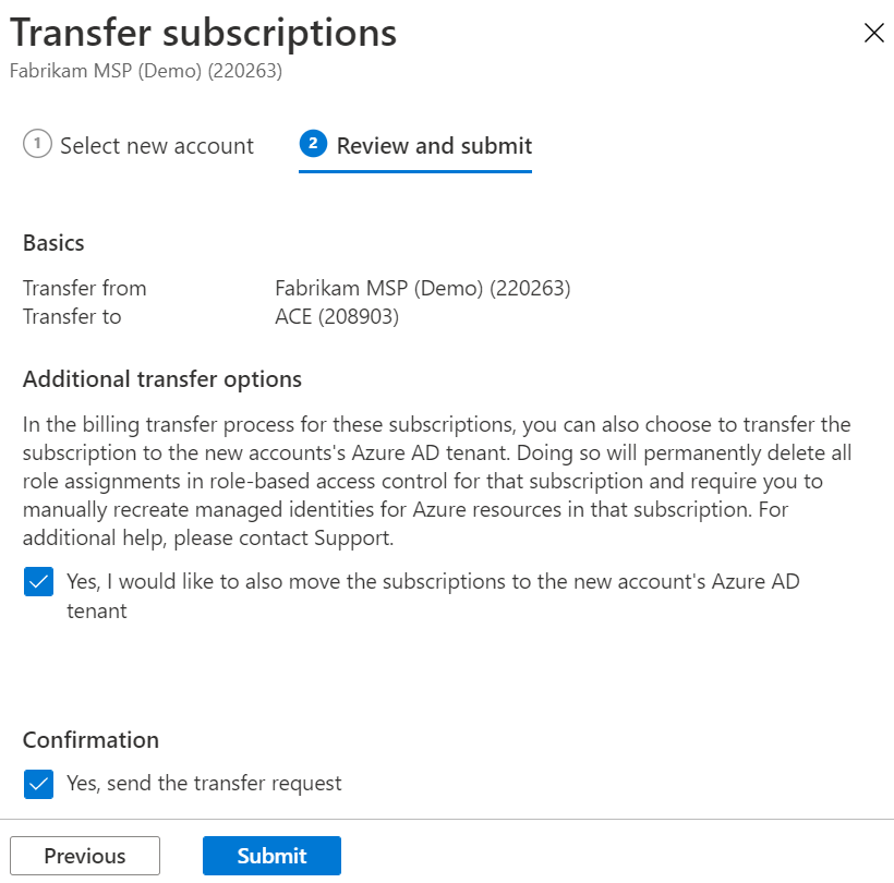 Captura de pantalla que muestra la confirmación de la transferencia de la suscripción.