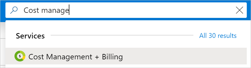 Captura de pantalla que muestra la búsqueda de Cost Management + Billing.