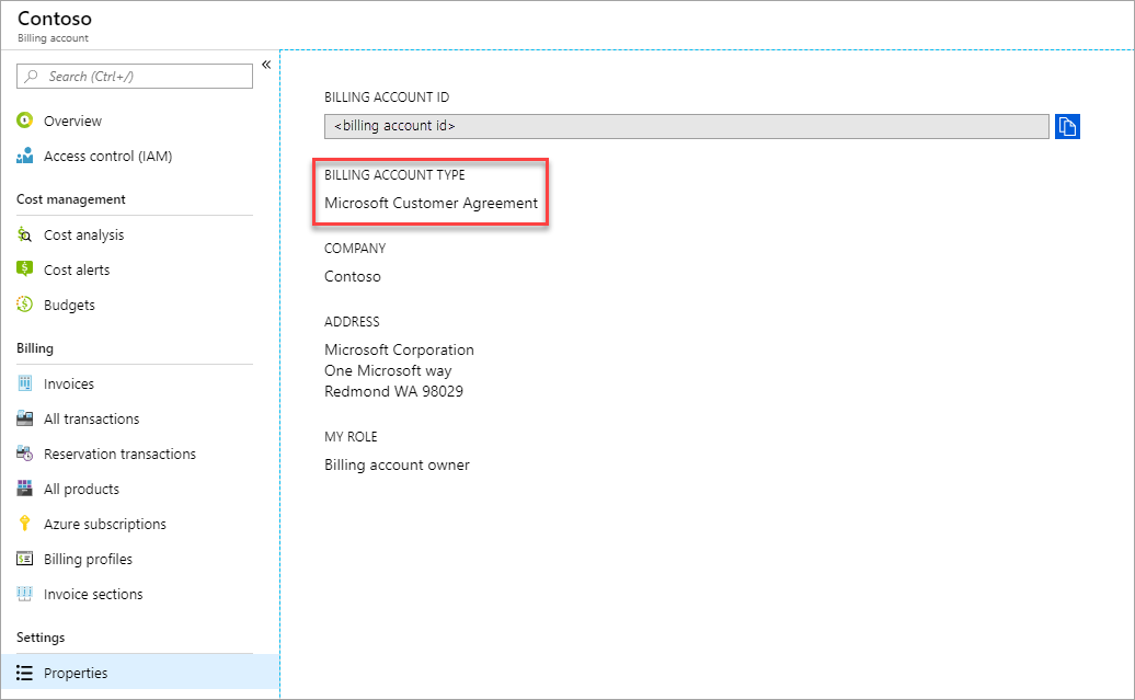 Captura de pantalla que muestra la página de propiedades del Contrato de cliente de Microsoft.