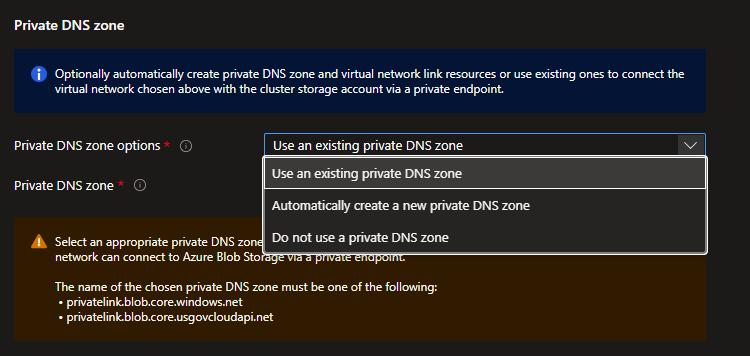Captura de pantalla de las opciones de redes para la zona DNS privada.