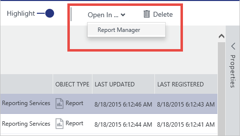 Para abrir una tabla de SQL Server en Excel desde el icono del recurso de datos en la vista de lista, seleccione la pestaña Abrir en.