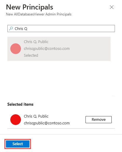 Captura de pantalla del panel Nuevas entidades de seguridad de Azure Portal. Están resaltados el botón Seleccionar y dos campos con propiedades de la entidad de servicio que no se pueden descifrar.