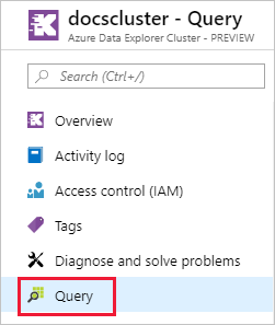 Captura de pantalla de un clúster de Azure Data Explorer en Azure Portal. Está resaltado el elemento Consulta.