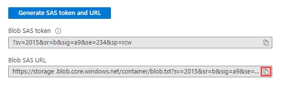 Captura de pantalla de Azure Portal con la dirección URL de SAS de blob generada.
