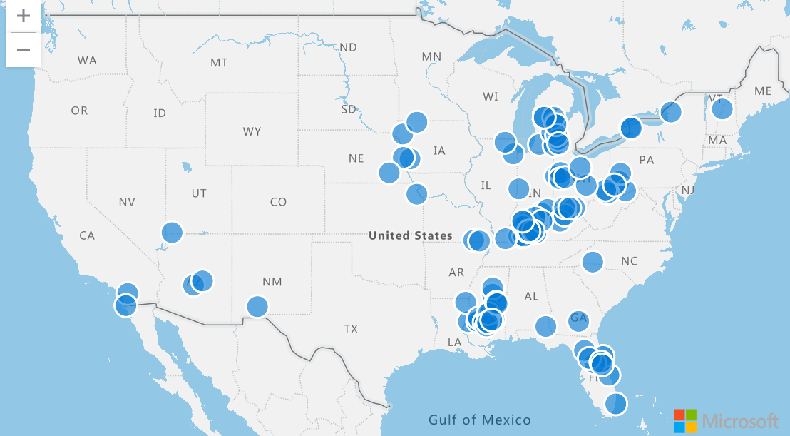 Captura de pantalla de eventos de storm de ejemplo en un mapa.