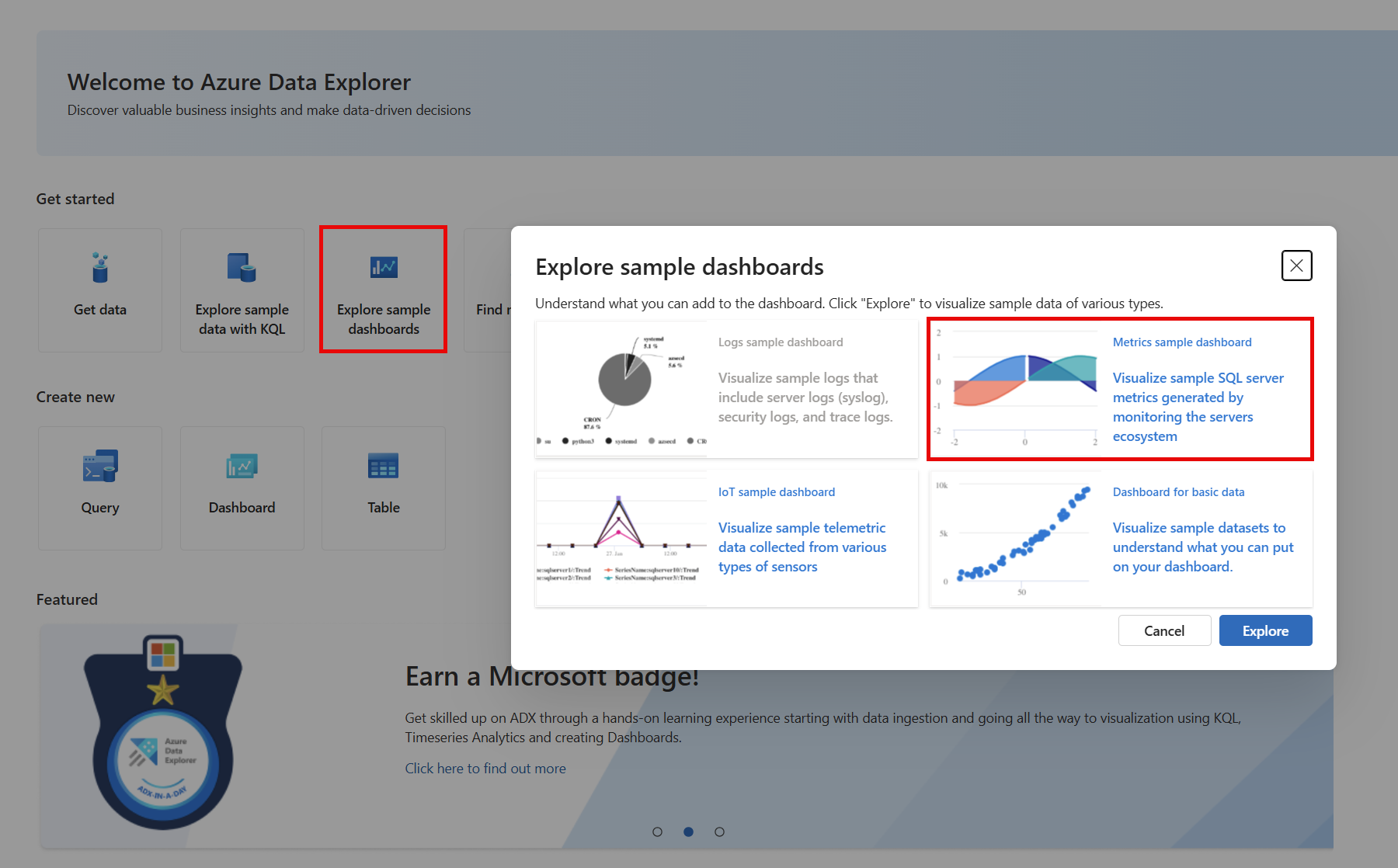 Captura de pantalla del cuadro de diálogo Explore dashboards samples (Explorar ejemplos de paneles) que muestra las opciones del panel de ejemplo.