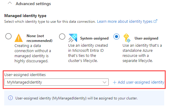 Captura de pantalla de la sección configuración avanzada que muestra los tipos de identidad administrada que se pueden usar para la conexión de datos.