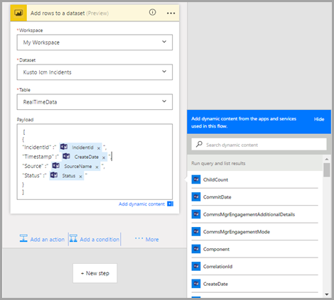 Captura de pantalla de la acción de Power BI, en la que se muestran los campos de acción.