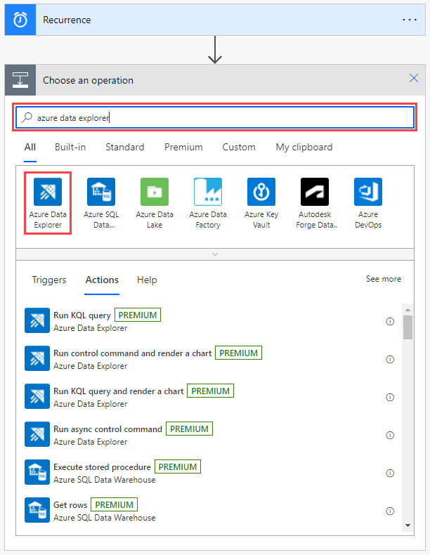 Captura de pantalla de la ventana Elegir una operación, en la que se muestra el cuadro de búsqueda y Azure Data Explorer resaltado.