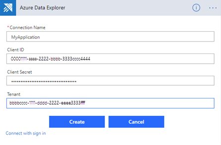 Captura de pantalla de la conexión de Azure Data Explorer, en la que se muestra el cuadro de diálogo autenticación de la aplicación.