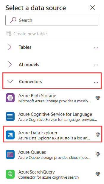 Captura de pantalla de la página de la aplicación que muestra una lista de conectores de datos. El conector titulado Azure Data Explorer está resaltado.