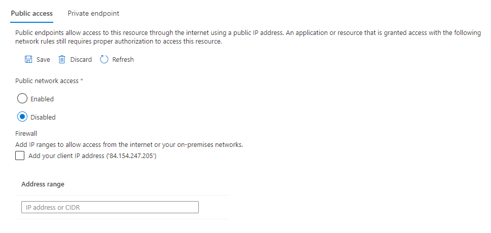 Captura de pantalla de la página de redes que muestra la opción para desactivar el acceso público.