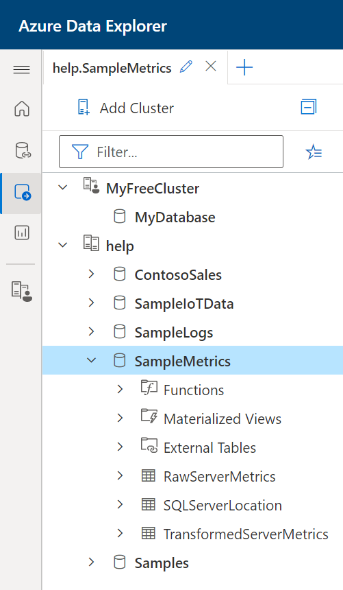 Captura de pantalla del panel de conexión del clúster en la interfaz de usuario de Azure Data Explorer que muestra bases de datos y tablas de ejemplo en un diagrama de árbol.